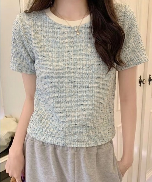 Mejoul(メジュール)の「【2026春夏新作】配色ネックMIXツイードライクプルオーバー(Tシャツ/カットソー・レディース・グレー/ブルー・F)」の16枚目の写真