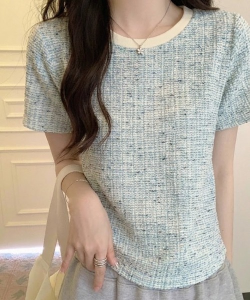 Mejoul(メジュール)の「【2026春夏新作】配色ネックMIXツイードライクプルオーバー(Tシャツ/カットソー・レディース・グレー/ブルー・F)」の14枚目の写真