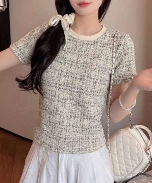 Mejoul(メジュール)の「【2026春夏新作】配色ネックMIXツイードライクプルオーバー(Tシャツ/カットソー・レディース・グレー/ブルー・F)」の12枚目の写真