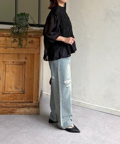 Thevon(ゼボン)の「シアーシャーリング5分袖ブラウス(シャツ/ブラウス・レディース・ブラック/アイボリー/サックスブルー・FREE)」の8枚目の写真
