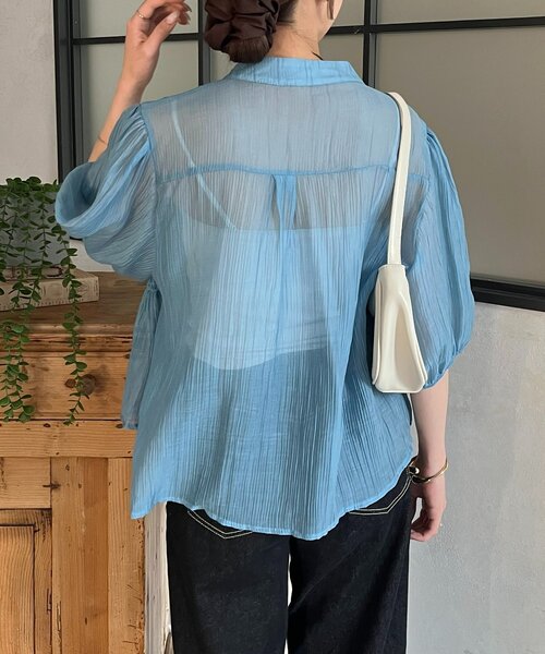 Thevon(ゼボン)の「シアーシャーリング5分袖ブラウス(シャツ/ブラウス・レディース・ブラック/アイボリー/サックスブルー・FREE)」の11枚目の写真