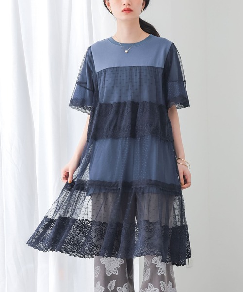 somari imagination(ソマリ イマジネーション)の「ドットチュール&レース切り替えカットソー(Tシャツ/カットソー・レディース・ブラック/ネイビー・2/1)」の2枚目の写真