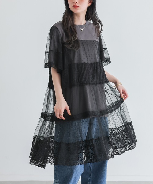 somari imagination(ソマリ イマジネーション)の「ドットチュール&レース切り替えカットソー(Tシャツ/カットソー・レディース・ブラック/ネイビー・2/1)」の1枚目の写真