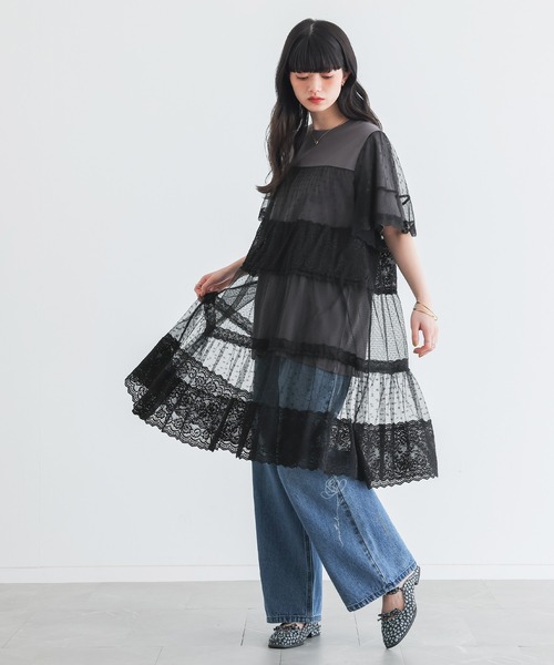 somari imagination(ソマリ イマジネーション)の「ドットチュール&レース切り替えカットソー(Tシャツ/カットソー・レディース・ブラック/ネイビー・2/1)」の4枚目の写真
