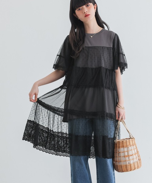 somari imagination(ソマリ イマジネーション)の「ドットチュール&レース切り替えカットソー(Tシャツ/カットソー・レディース・ブラック/ネイビー・2/1)」の3枚目の写真