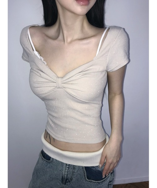 THEAIRTOWN(ジエアタウン)の「pearl ribbon top(Tシャツ/カットソー・レディース・ベージュ/ホワイト/ピンク/ブラック・FREE)」の3枚目の写真