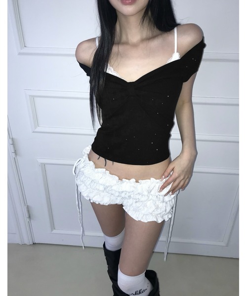THEAIRTOWN(ジエアタウン)の「pearl ribbon top(Tシャツ/カットソー・レディース・ベージュ/ホワイト/ピンク/ブラック・FREE)」の9枚目の写真