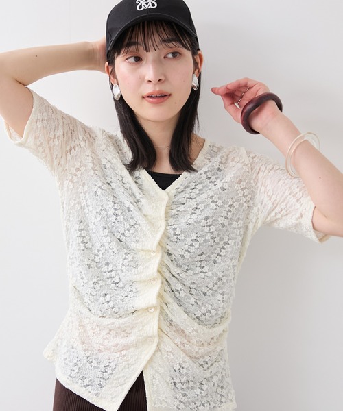 VIS（ビス）の「レース半袖フロントギャザートップス（Tシャツ/カットソー・レディース・ブラック/キナリ・FREE）」の2枚目の写真