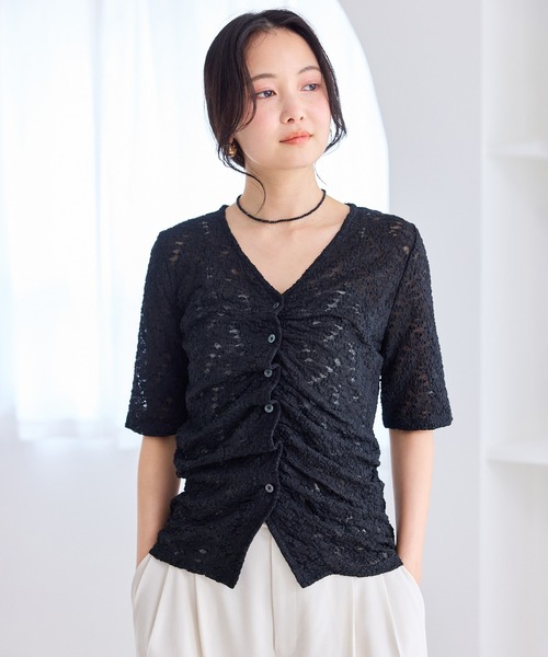 VIS（ビス）の「レース半袖フロントギャザートップス（Tシャツ/カットソー・レディース・ブラック/キナリ・FREE）」の5枚目の写真