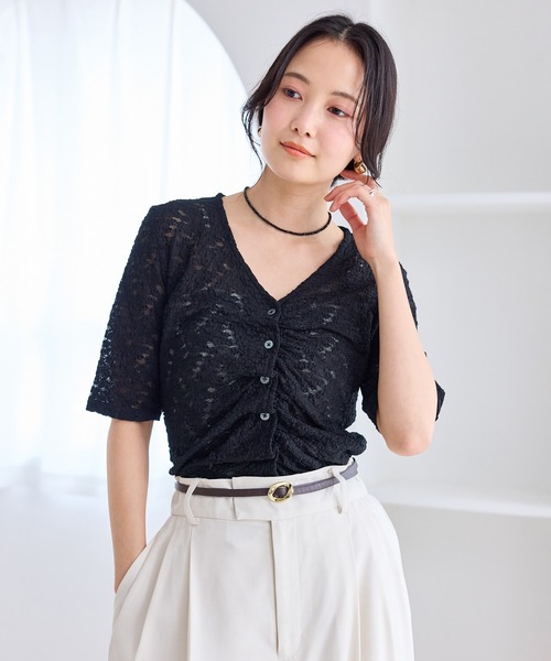 VIS（ビス）の「レース半袖フロントギャザートップス（Tシャツ/カットソー・レディース・ブラック/キナリ・FREE）」の7枚目の写真