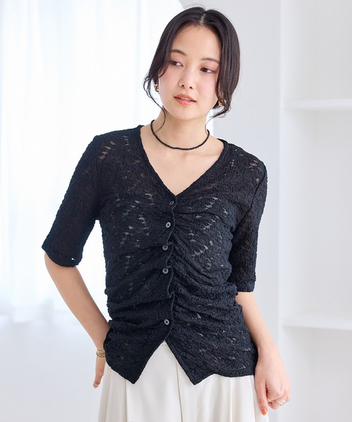 VIS（ビス）の「レース半袖フロントギャザートップス（Tシャツ/カットソー・レディース・ブラック/キナリ・FREE）」の4枚目の写真