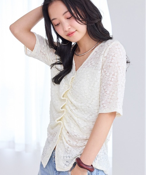 VIS（ビス）の「レース半袖フロントギャザートップス（Tシャツ/カットソー・レディース・ブラック/キナリ・FREE）」の13枚目の写真