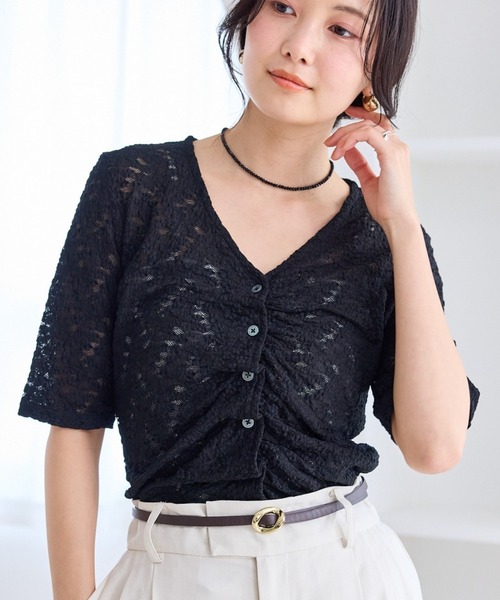 VIS（ビス）の「レース半袖フロントギャザートップス（Tシャツ/カットソー・レディース・ブラック/キナリ・FREE）」の3枚目の写真