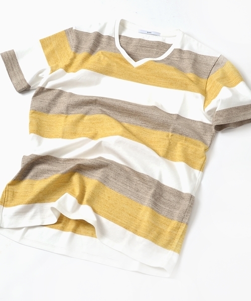 SHIPS（シップス）の「SC: SHIPS（シップス）ワイドボーダー/3ブロックカラー Vネック Tシャツ□一部予約商品（Tシャツ/カットソー・メンズ・グレー/ダークグレー/グリーン/ブルー/ライトブルー/イエロー/ピンク/その他1/ライトグレー・X-LARGE/LARGE/MEDIUM/SMALL）」の7枚目の写真