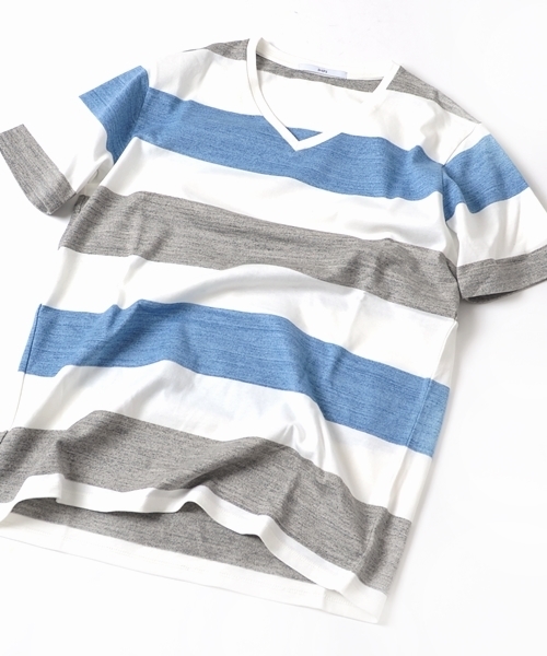 SHIPS（シップス）の「SC: SHIPS（シップス）ワイドボーダー/3ブロックカラー Vネック Tシャツ□一部予約商品（Tシャツ/カットソー・メンズ・グレー/ダークグレー/グリーン/ブルー/ライトブルー/イエロー/ピンク/その他1/ライトグレー・X-LARGE/LARGE/MEDIUM/SMALL）」の6枚目の写真