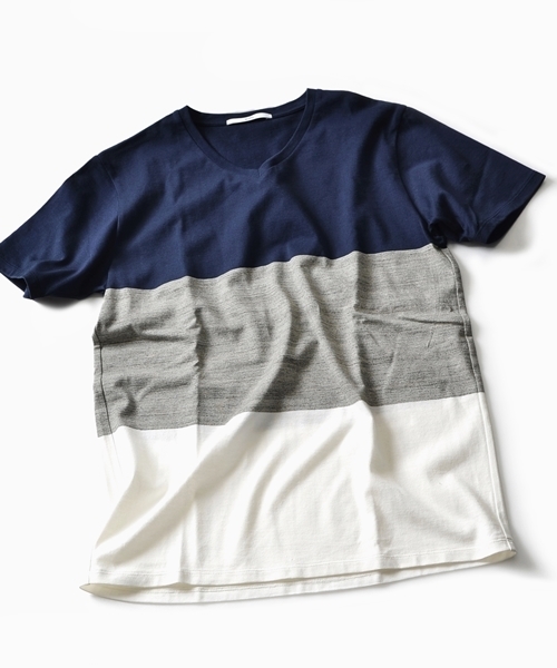 SHIPS（シップス）の「SC: SHIPS（シップス）ワイドボーダー/3ブロックカラー Vネック Tシャツ□一部予約商品（Tシャツ/カットソー・メンズ・グレー/ダークグレー/グリーン/ブルー/ライトブルー/イエロー/ピンク/その他1/ライトグレー・X-LARGE/LARGE/MEDIUM/SMALL）」の4枚目の写真