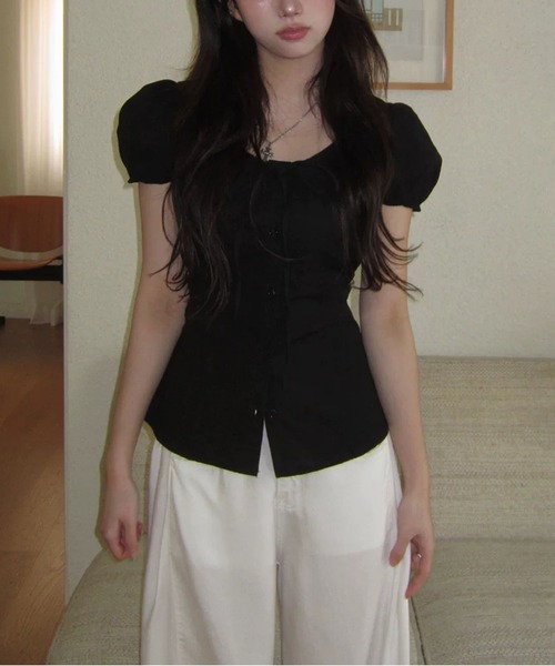 MAISON DE THERESE(メゾン ド テレーズ)の「半袖タック入り リボンブラウス(シャツ/ブラウス・レディース・White/Black・M)」の4枚目の写真