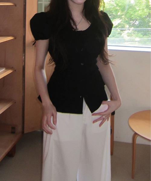 MAISON DE THERESE(メゾン ド テレーズ)の「半袖タック入り リボンブラウス(シャツ/ブラウス・レディース・White/Black・M)」の6枚目の写真