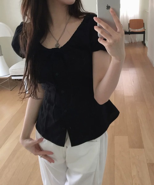 MAISON DE THERESE(メゾン ド テレーズ)の「半袖タック入り リボンブラウス(シャツ/ブラウス・レディース・White/Black・M)」の7枚目の写真