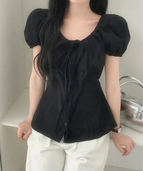MAISON DE THERESE(メゾン ド テレーズ)の「半袖タック入り リボンブラウス(シャツ/ブラウス・レディース・White/Black・M)」の8枚目の写真