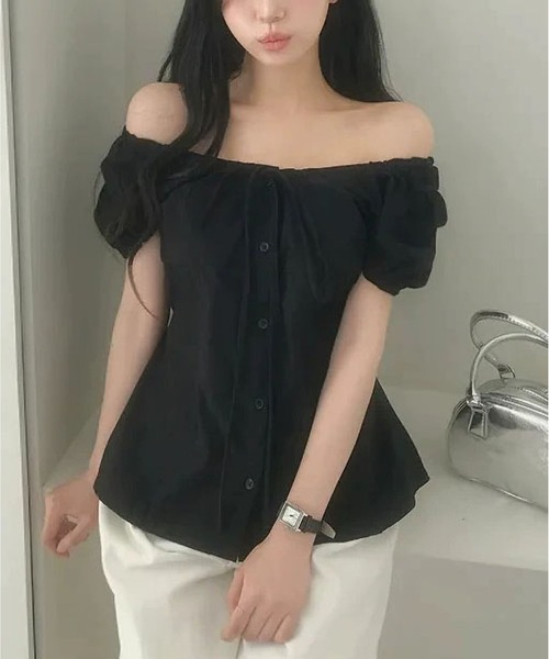 MAISON DE THERESE(メゾン ド テレーズ)の「半袖タック入り リボンブラウス(シャツ/ブラウス・レディース・White/Black・M)」の9枚目の写真