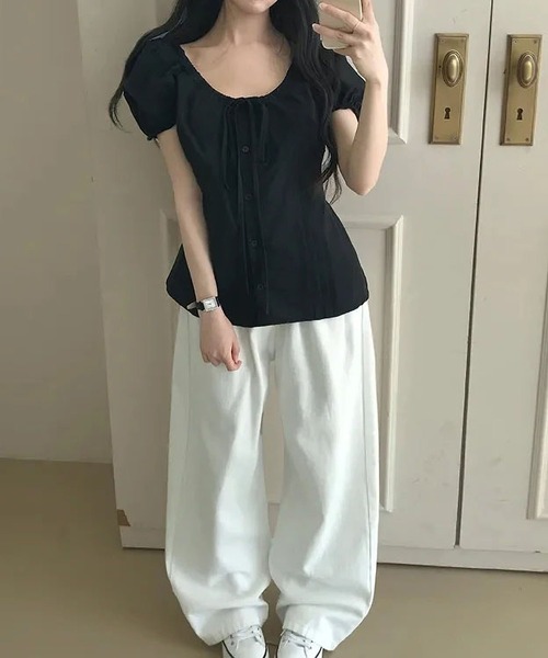 MAISON DE THERESE(メゾン ド テレーズ)の「半袖タック入り リボンブラウス(シャツ/ブラウス・レディース・White/Black・M)」の17枚目の写真