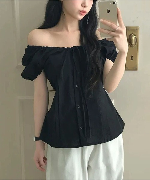 MAISON DE THERESE(メゾン ド テレーズ)の「半袖タック入り リボンブラウス(シャツ/ブラウス・レディース・White/Black・M)」の10枚目の写真
