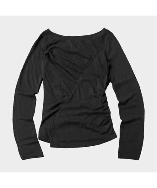 PLACE STUDIO(プレイススタジオ)の「サイド切り替えシャーリングディテールボートネックロングスリーブレススリムフィットTシャツ_3COLOR(Tシャツ/カットソー・レディース・ライトグレー/ブラック・FREE)」の2枚目の写真
