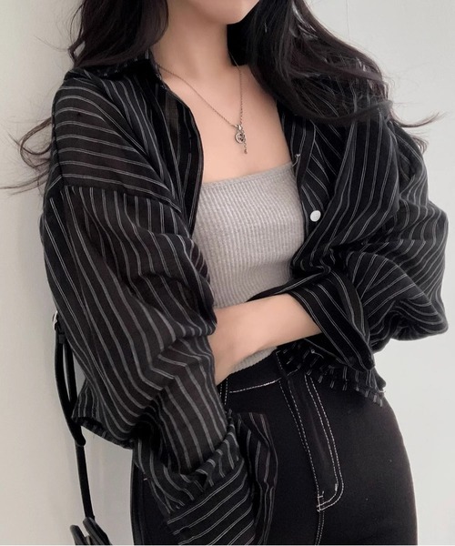 MAISON DE THERESE(メゾン ド テレーズ)の「ストライプショートシアーシャツ(シャツ/ブラウス・レディース・Black/Navy/White・M)」の2枚目の写真