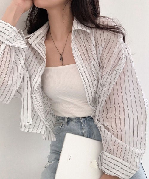 MAISON DE THERESE(メゾン ド テレーズ)の「ストライプショートシアーシャツ(シャツ/ブラウス・レディース・Black/Navy/White・M)」の1枚目の写真
