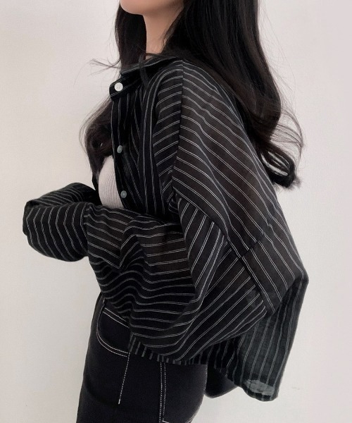 MAISON DE THERESE(メゾン ド テレーズ)の「ストライプショートシアーシャツ(シャツ/ブラウス・レディース・Black/Navy/White・M)」の15枚目の写真