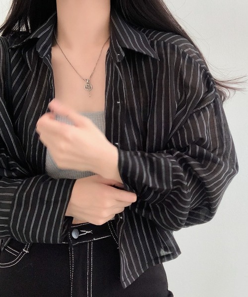 MAISON DE THERESE(メゾン ド テレーズ)の「ストライプショートシアーシャツ(シャツ/ブラウス・レディース・Black/Navy/White・M)」の9枚目の写真