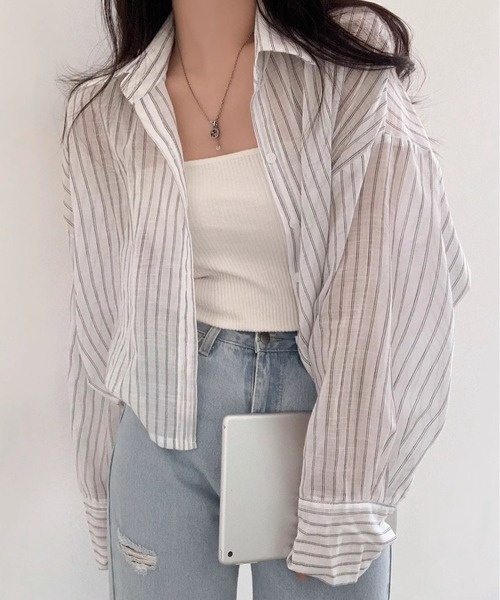 MAISON DE THERESE(メゾン ド テレーズ)の「ストライプショートシアーシャツ(シャツ/ブラウス・レディース・Black/Navy/White・M)」の4枚目の写真