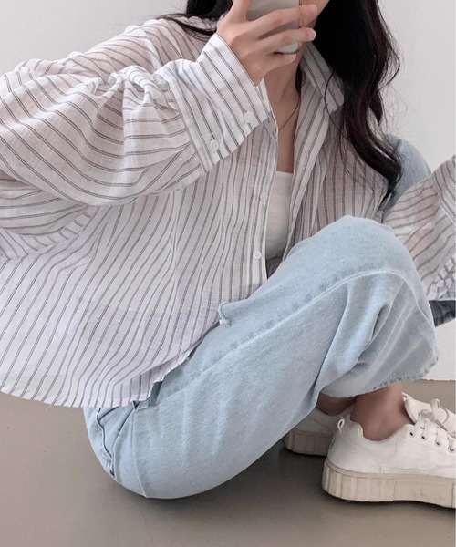 MAISON DE THERESE(メゾン ド テレーズ)の「ストライプショートシアーシャツ(シャツ/ブラウス・レディース・Black/Navy/White・M)」の6枚目の写真