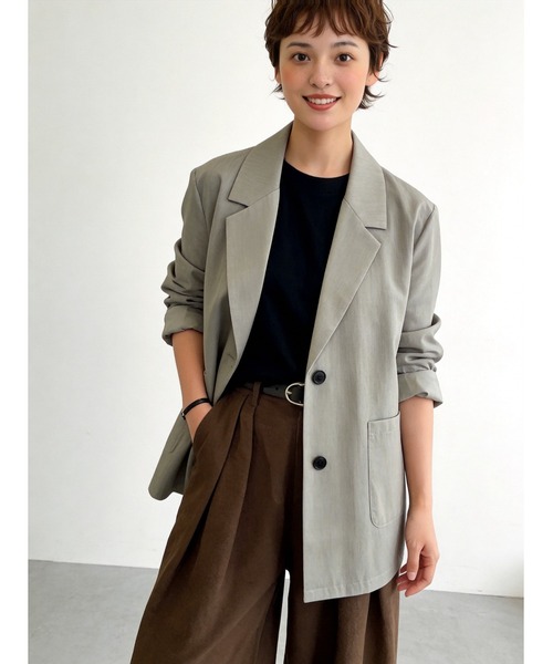 Sew loop(ソーループ)の「リネンライク長袖シャツジャケット(テーラードジャケット・レディース・ブラック/ダークベージュ/アッシュグレー・FREE)」の4枚目の写真