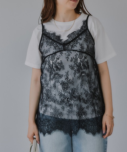 210nouve(トゥージュヌーブ)の「レース キャミ レイヤード Tシャツ(Tシャツ/カットソー・レディース・ブラック/ホワイト・FREE)」の3枚目の写真