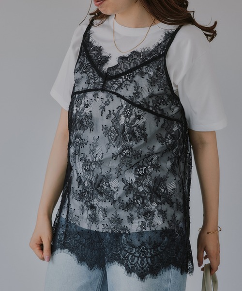210nouve(トゥージュヌーブ)の「レース キャミ レイヤード Tシャツ(Tシャツ/カットソー・レディース・ブラック/ホワイト・FREE)」の4枚目の写真
