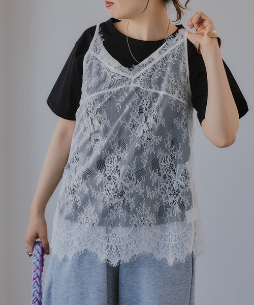 210nouve(トゥージュヌーブ)の「レース キャミ レイヤード Tシャツ(Tシャツ/カットソー・レディース・ブラック/ホワイト・FREE)」の13枚目の写真