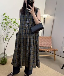 プレッピー チェック柄 クルーネック コットンワンピース