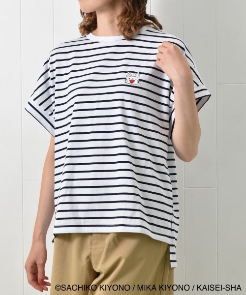 Bleu Bleuet(ブルーブルーエ)の「ノンタンボーダー刺繍Tシャツ(Tシャツ/カットソー・レディース・ネイビー/サーモンピンク・FREE)」の1枚目の写真