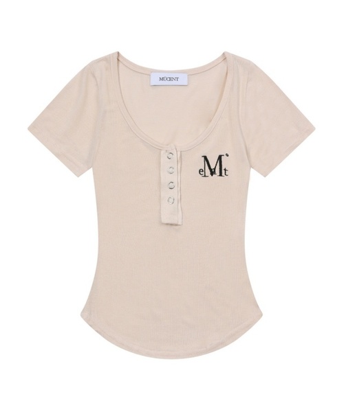 MUCENT(ムセント)の「ハリングシグネチャーロゴスナップボタンユニックロールクロップ半袖ティー(5色)(Tシャツ/カットソー・レディース・ブラック/チャコール/ホワイト/ベージュ/ライトグレー・FREE)」の5枚目の写真