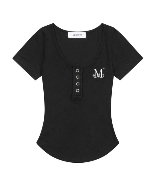 MUCENT(ムセント)の「ハリングシグネチャーロゴスナップボタンユニックロールクロップ半袖ティー(5色)(Tシャツ/カットソー・レディース・ブラック/チャコール/ホワイト/ベージュ/ライトグレー・FREE)」の1枚目の写真