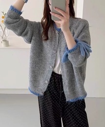 配色ステッチクルーネックニットカーディガン