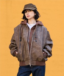 ROOPTOKYO | Faux Leather Layered Hood Jacket / フェイクレザーフード付きレイヤードジャケット カジュアル ストリート アメカジ ギャザー 2026秋冬 秋服 冬服(ブルゾン)
