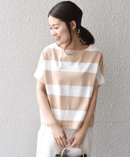 SHIPS（シップス）の「ワイドボーダーボトルネック◇（Tシャツ/カットソー・レディース・ベージュ/ネイビー/ダークブルー/レッド/コバルトブルー/ワインレッド・ONE SIZE）」の3枚目の写真