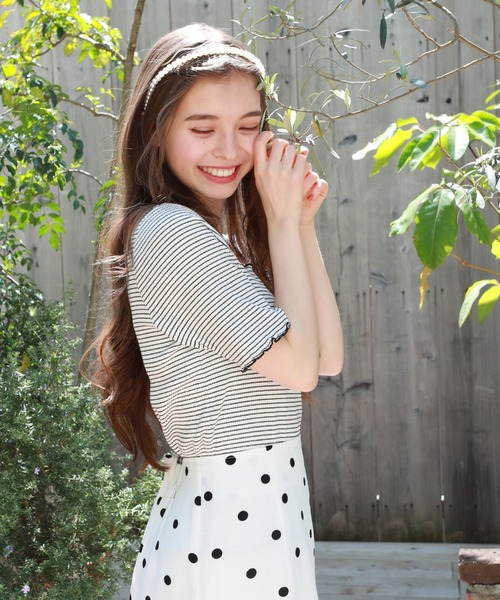 Cheek(チーク)の「【 - mimi - 】スクエアネックボーダーTEE(Tシャツ/カットソー・レディース・ブラック/オフホワイト/ピンク・FREE)」の2枚目の写真