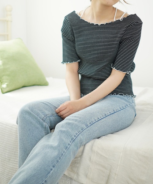 Cheek(チーク)の「【 - mimi - 】スクエアネックボーダーTEE(Tシャツ/カットソー・レディース・ブラック/オフホワイト/ピンク・FREE)」の8枚目の写真
