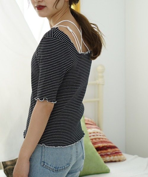 Cheek(チーク)の「【 - mimi - 】スクエアネックボーダーTEE(Tシャツ/カットソー・レディース・ブラック/オフホワイト/ピンク・FREE)」の11枚目の写真