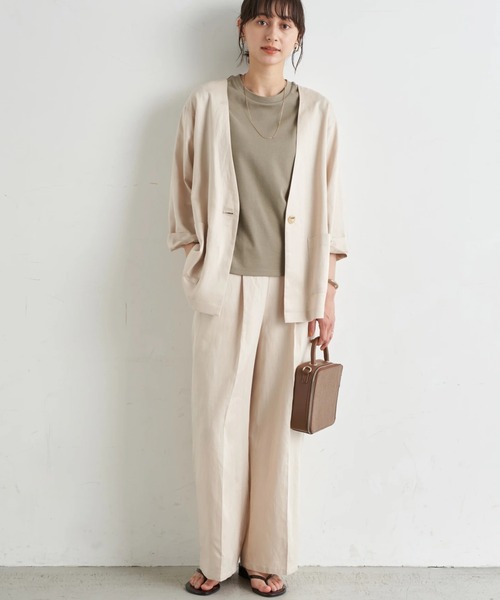 earth music&ecology（アースミュージックアンドエコロジー）の「【WEB限定】ジャケット+ワイドパンツSET ＊（ノーカラージャケット・レディース・ベージュ/ブラウン/アイボリー・FREE）」の3枚目の写真