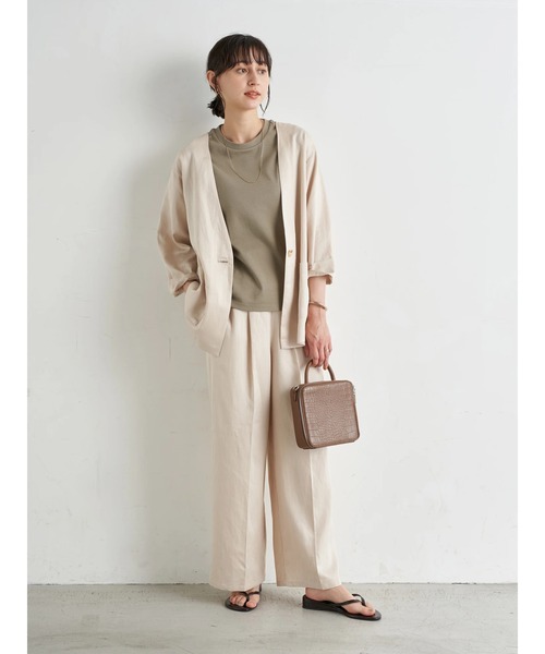 earth music&ecology（アースミュージックアンドエコロジー）の「【WEB限定】ジャケット+ワイドパンツSET ＊（ノーカラージャケット・レディース・ベージュ/ブラウン/アイボリー・FREE）」の4枚目の写真